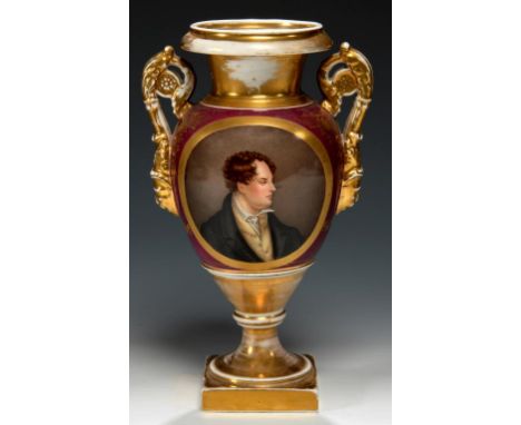 A FRENCH CLARET GROUND PORCELAIN VASE PAINTED WITH A PORTRAIT OF LORD BYRON, C1820  in Empire style with burnished gilt handl