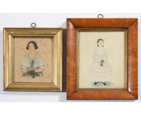 ENGLISH SCHOOL, 19TH C  PORTRAIT OF A YOUNG GIRL   full length holding a posy, watercolour, 17.5 x 14cm, maple frame and a sm