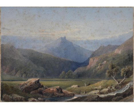 ENGLISH SCHOOL, EARLY 19TH C MOUNTAINOUS LANDSCAPE WITH FIGURES  watercolour, 17 x 24cm, laid down on an old mount and miscel