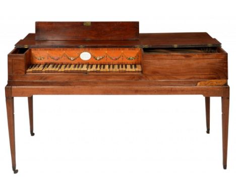 AN ENGLISH MAHOGANY AND LINE INLAID SQUARE PIANO, HENRI HOLLAND,  C1780-1792  the satinwood name board crossbanded in tulipwo