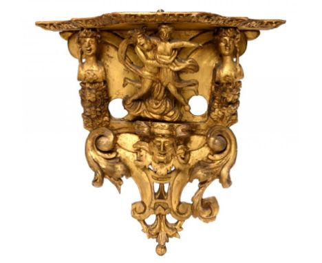 A   GILTWOOD WALL BRACKET CARVED WITH THE ABDUCTION OF PROSERPINA, PROBABLY ITALIAN, 18TH C   34cm h, shelf 16 x 34cm++Small 