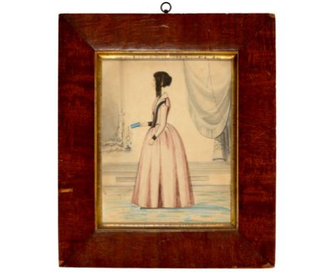 ENGLISH NAIVE ARTIST, MID 19TH C  PORTRAIT OF A LADY  full length in profile before drapery, pencil and watercolour, 22.5 x 1