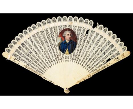 CHARLES JAMES FOX (1748-1806).  A REGENCY IVORY BRISE FAN, C1795 painted with a miniature  of the statesman after the portrai