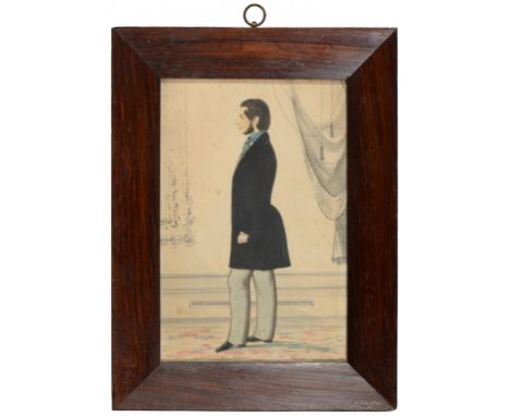 ENGLISH NAIVE ARTIST, 19TH C PORTRAIT OF A GENTLEMAN  full length in an interior, ink and watercolour over pencil, 22 x 14.5c