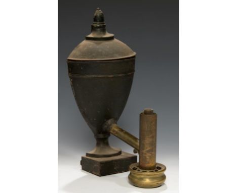 AN ENGLISH BLACK JAPANNED  VASE  SHAPED COLZA WALL LAMP,  C1840 the hemispherical vase shaped box with domed detachable cover