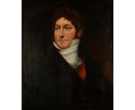 ENGLISH SCHOOL, EARLY 19TH C PORTRAIT OF A GENTLEMAN bust length in a white stock and red lined coat, oil on canvas, 75 x 62c
