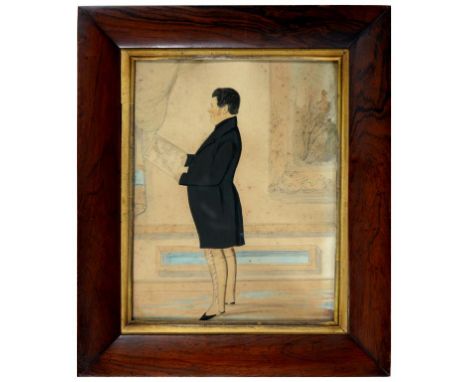 ATTRIBUTED TO JOSEPH KERRY OF NOTTINGHAN, 19TH CENTURY PORTRAIT OF A GENTLEMAN  full length in profile in an interior, ink, p