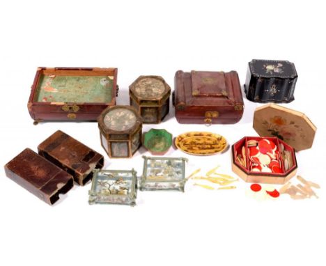 A REGENCY BRASS  MOUNTED AND SCARLET MOROCCO COVERED JEWEL BOX  22cm wide, a Victorian mother of pearl inlaid papier mache te