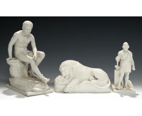 A COPENHAGEN BISCUIT PORCELAIN MODEL OF THE DYING LION AFTER THORVALDSEN, 19TH C  11cm h, impressed Eneret, three blue painte