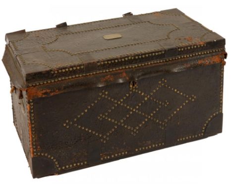 A BRITISH BRASS NAILED BLACK LEATHER COVERED TRAVELLING TRUNK, LATE 18TH C  the lid applied with brass tablet engraved Joseph