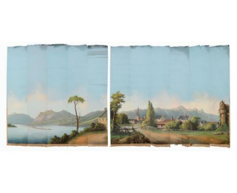 ELEVEN ROLLS OF FRENCH PANORAMIC  WALLPAPER IN THE MANNER OF ZUBER &amp; CIE, FIRST HALF 20TH C gouache, unmounted, each appr