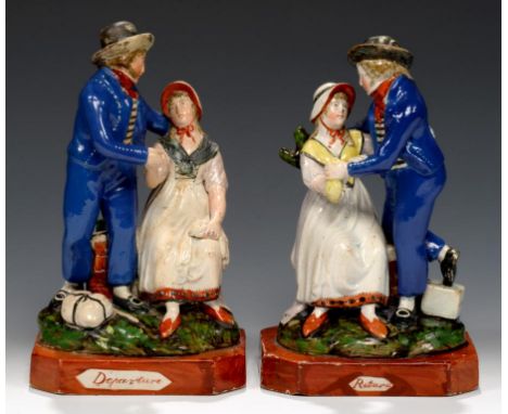 A PAIR OF STAFFORDSHIRE PEARLWARE FIGURES OF THE SAILOR'S DEPARTURE AND RETURN, C1820   with overglaze enamel painted decorat