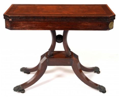 A GEORGE IV MAHOGANY, ROSEWOOD, SATINWOOD AND LINE INLAID CARD TABLE, C1820  the top with lock, on brass paw castors, 75cm h;