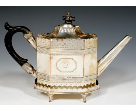 AN OCTAGONAL SHEFFIELD PLATE TEAPOT AND STAND, C1790 17cm h overall++Old solder repair to handle sockets and spout, light wea