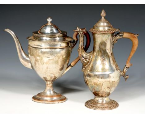 A SHEFFIELD PLATE BALUSTER COFFEE POT AND A  VASULAR COFFEE POT AND COVER, C1760 AND 1790  the first crested, 29 and 26cm h++