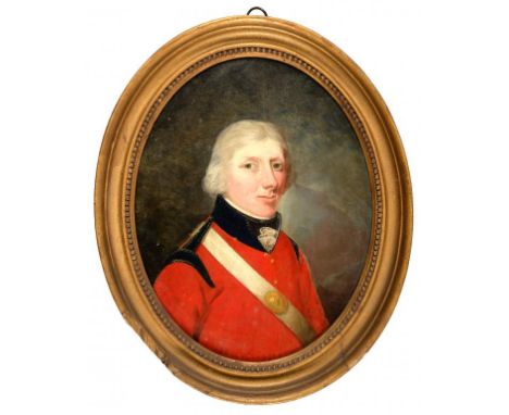 ENGLISH SCHOOL, 1800-1810 PORTRAIT OF AN OFFICER bust length, oil on panel, oval, 30 x 23cmThe style of the sitter's single b