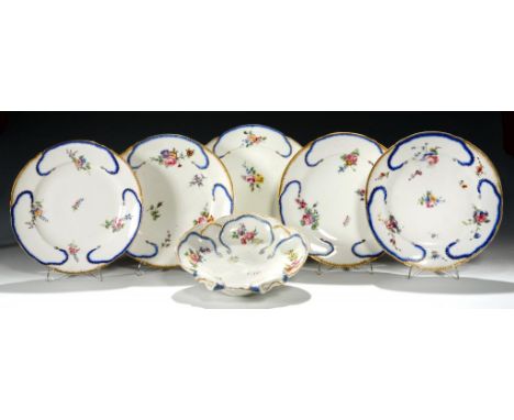 FIVE SÈVRES FEUILLE DE CHOUX  PLATES AND A SHELL SHAPED DISH, 1756/7-1780S painted with scattered bouquets, the painters incl