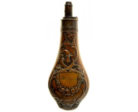 AN EMBOSSED COPPER POWDER FLASK, 19TH C  with sportsman, partridge or, to the reverse a swag and scrolling foliage, engraved 