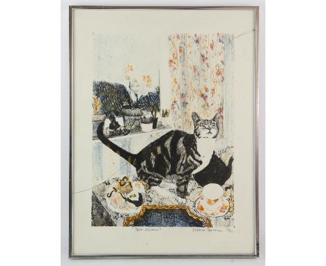 Daphne Sandham (b. 1950), 'Table Manners', depicting a cat on a coffee table, lithograph in colours, ed. 16/30, signed in pen