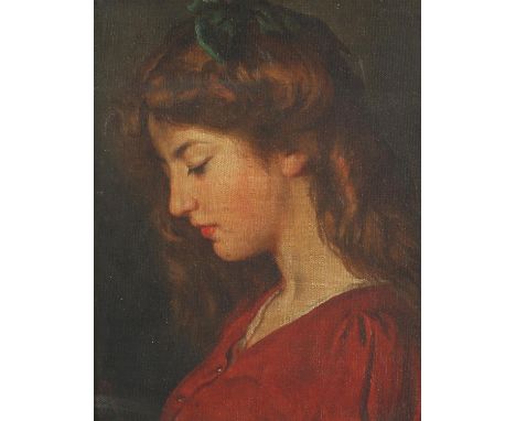 Twentieth-century British School, portrait of a young woman in red, embellished print on board, 4 x 19cm, framed.