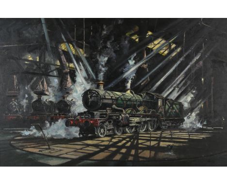Alan King (British, 1946-2013). 'Portrait of a Castle', steam train in a workshop, oil on canvas, signed lower right, 48 x 74