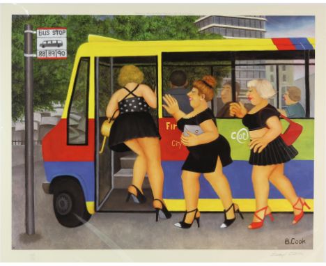 Beryl Cook (British, 1926-2008), 'Bus Stop', lithograph in colours, ed. 649/650, signed in pencil to margin, image size 39 x 