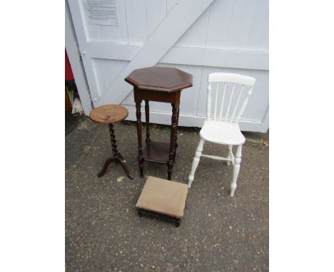 2 Vintage hardwood occasional tables, painted chair and footstool 