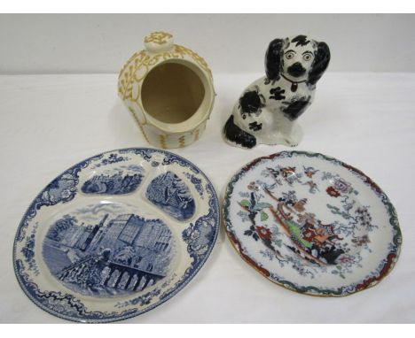 Hand painted Salt Cellar, 1 mantel dog and vintage plates