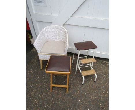 Retro stool, folding step ladder and rattan commode chair 