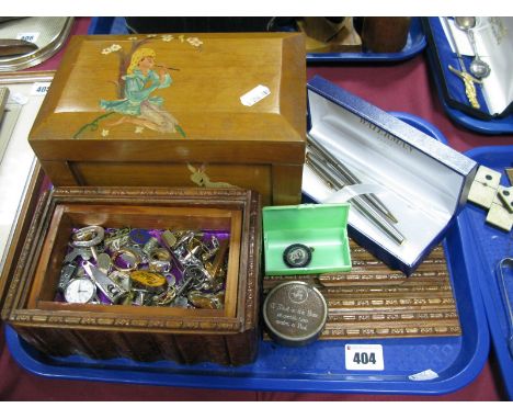 Waterman Pens, wooden boxes, studs tin, "Serving King And Country" enamel pendant, badges, cufflinks, etc:- One Tray