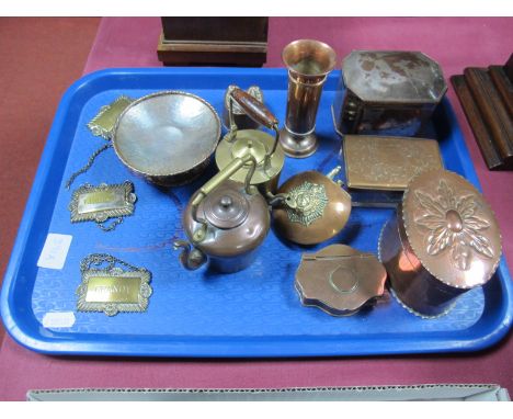 A XIX Century Copper Snuff Box, early XX Century copper lighter with applied military badge? XIX Century plate on copper tea 