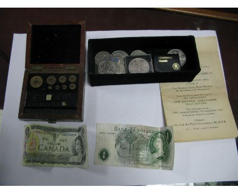 Banknotes, commemorative and other coins, Oertling brass weights, Budokwai 1925 leaflet etc.
