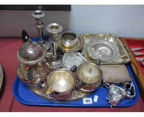 An Electroplated Three Piece Tea Service by Mappin & Webb, candlesticks, oval gallery tray, condiments, cigarette box and oth