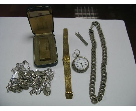 A Continental Cased Ladies Fob Watch, Dunhill lighter, chains, ladies wristwatch.