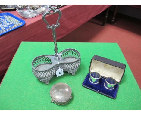 A Hallmarked Silver Trinket Box, of shaped circular form with hinged lid; together with a bottle stand, of openwork design wi