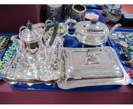 A Circa 1900 Electroplated Three piece Tea Service, of cushioned rectangular form, cast gadrooned borders, ebonised finial, a