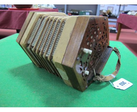 A Late XIX / Early XX Century Rosewood Cased Concertina, (label torn and indistinct, ten button absent, bellows punctured).