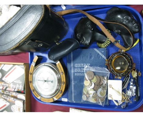 Swift 10 x 50 Binoculars, Cracknell Doncaster Horseshoe Barometer, coinage ethnic plaster heads, watches, etc:- One Tray