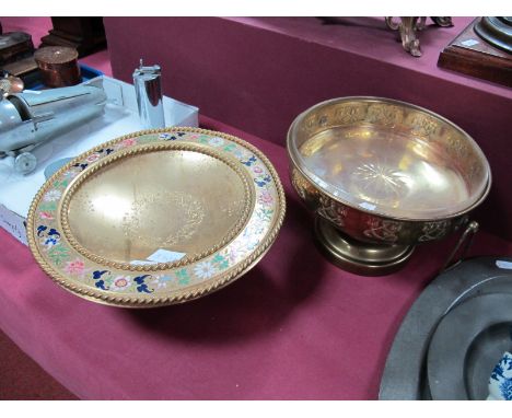 A XX Century Gilded Brass Tazza Border, with enamel floral decoration, together with Art Nouveau pedestal bowl, with glass in