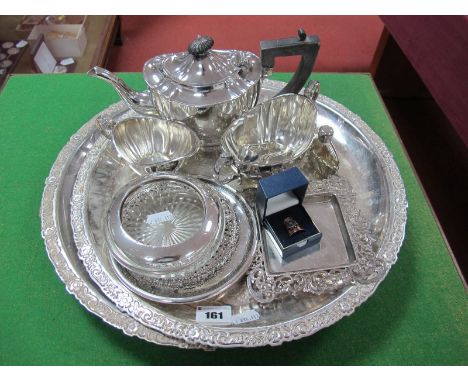 A Bachelors Three Piece Plated Teaset, scent bottle, sugar tongs, coasters/trinket dishes, thimble, circular plated tray, etc