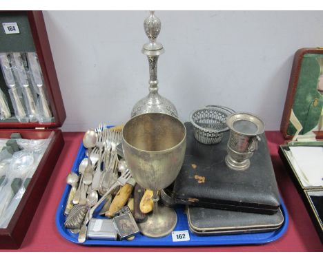 Electroplated Vesta Case, loose and cased cutlery, Indian white metal vase, plated goblets, vintage lighters including Swiss 