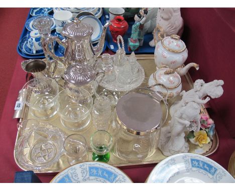 A Plated Three Piece Tea Service, Limogue teapot, sucrier, plated five bottle cruet, pair of XIX Century bisque figures (dama