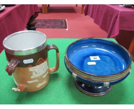 A Large Royal Doulton Glazed Stoneware Hunting Tyg, (one handle damaged), hallmarked silver collar Sheffield 1908 and a Royal
