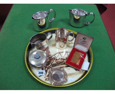 Colibri Lighter, S.S. Moldavia souvenir trinket box, a souvenir ashtray, a plated three piece tea set etc.