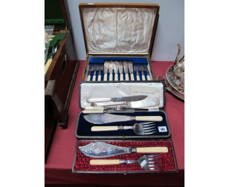 Wooden Cased Fish Knives and Forks, cased fish servers, decorative knife and fork, empty wooden case, etc. 