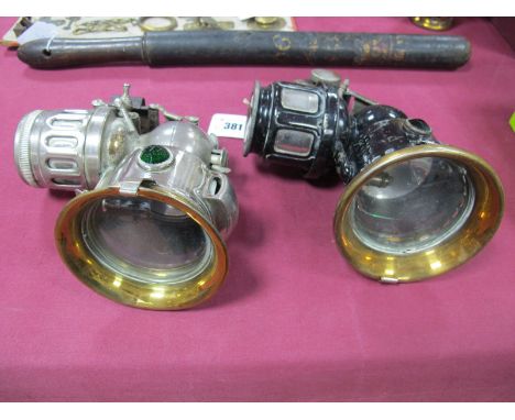 Lucas of Birmingham, "King of the Road" Black Patinated Metal Road Lamp, another "Octolite No. 2", both with brass rims to gl
