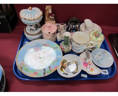 A Royal Crown Derby Pin Dish, Copenhagen pin dish, Radford preserve pot, Flower Fairies cabinet plates, musical porcelain car