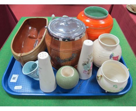 A Shelley Vase, Belleek, Cauldon biscuit barrel, Radford vase, with floral decoration, etc:- One Tray