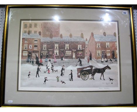 After Helen Bradley (1900-79) 'The Snowman', graphite in lower right margin signed proof limited edition print, J. Hilliard a