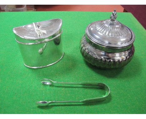 A JD&S EPBM Tea Caddy/Canister, of navette shape with ribbon and reed border; a pair of Victorian hallmarked silver sugar ton